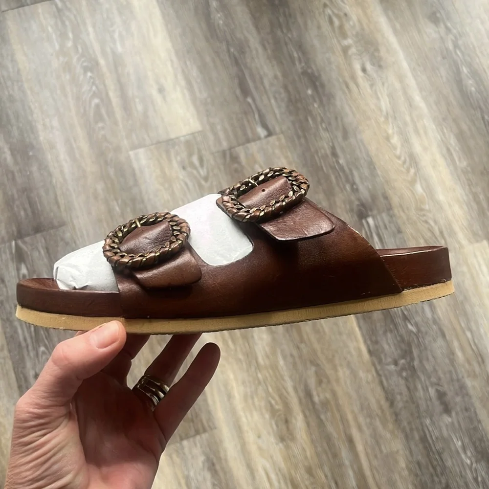 Antenora brown Leather Sandals size 39 or 9 slides handmade Italy buckles NEW